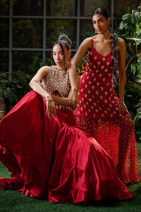 Shop_Payal & Zinal_Red Organza, Tulle Pearls, Fit And Flare Mermaid Skirt With Embellished Blouse _Online_at_Aza_Fashions
