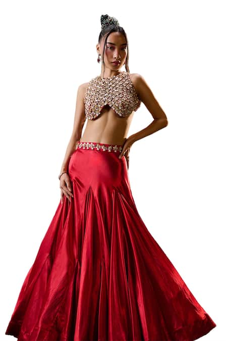 Payal & Zinal_Red Organza, Tulle Pearls, Fit And Flare Mermaid Skirt With Embellished Blouse _at_Aza_Fashions