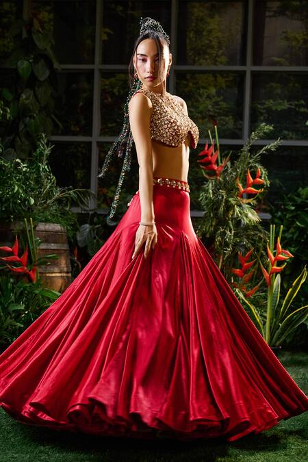 Shop_Payal & Zinal_Red Organza, Tulle Pearls, Fit And Flare Mermaid Skirt With Embellished Blouse 