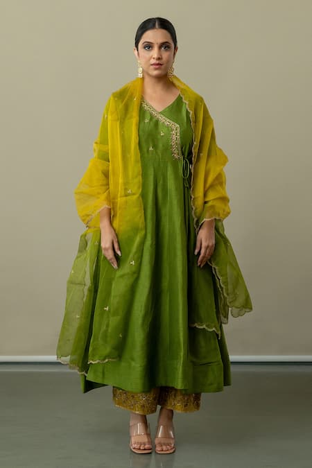 World of Sugandh Green Silk, Chiffon Embroidery V-neck Spring Meadow Yoke Angarkha Anarkali Set 