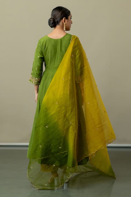 Shop World of Sugandh Green Silk, Chiffon Embroidery V-neck Spring Meadow Yoke Angarkha Anarkali Set at Aza Fashions Shop_World of Sugandh_Green Silk, Chiffon Embroidery V-neck Spring Meadow Yoke Angarkha Anarkali Set _at_Aza_Fashions
