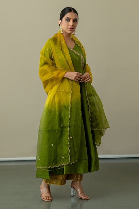 World of Sugandh Green Silk, Chiffon Embroidery V-neck Spring Meadow Yoke Angarkha Anarkali Set Online at Aza Fashions World of Sugandh_Green Silk, Chiffon Embroidery V-neck Spring Meadow Yoke Angarkha Anarkali Set _Online_at_Aza_Fashions