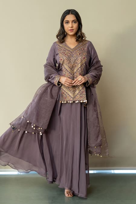 Shop World of Sugandh Purple Silk Embroidery, Sequins V-neck Luxe Fleur Kurti Sharara Set at Aza Fashions Shop_World of Sugandh_Purple Silk Embroidery, Sequins V-neck Luxe Fleur Kurti Sharara Set _at_Aza_Fashions