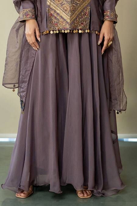 World of Sugandh Purple Silk Embroidery, Sequins V-neck Luxe Fleur Kurti Sharara Set Online at Aza Fashions World of Sugandh_Purple Silk Embroidery, Sequins V-neck Luxe Fleur Kurti Sharara Set _Online_at_Aza_Fashions