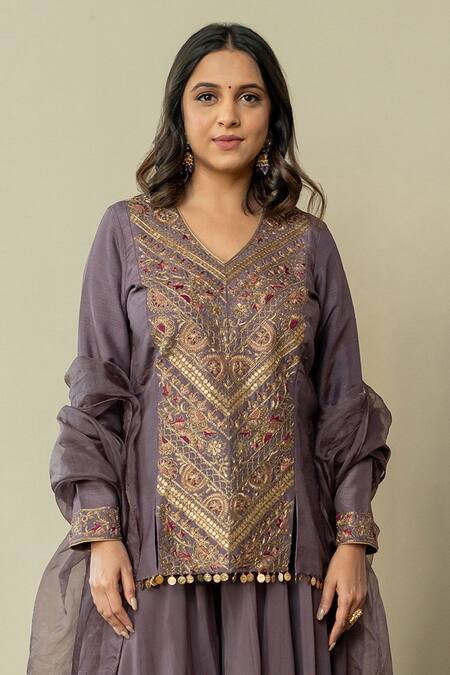 Buy World of Sugandh Purple Silk Embroidery, Sequins V-neck Luxe Fleur Kurti Sharara Set Online at Aza Fashions Buy_World of Sugandh_Purple Silk Embroidery, Sequins V-neck Luxe Fleur Kurti Sharara Set _Online_at_Aza_Fashions