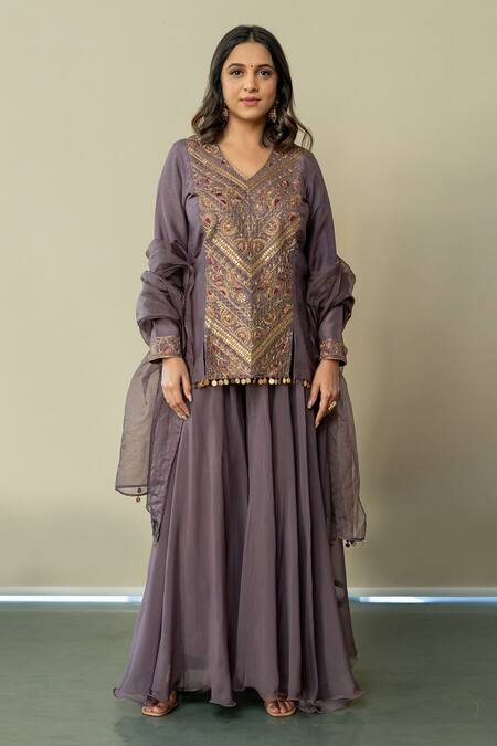 Shop World of Sugandh Purple Silk Embroidery, Sequins V-neck Luxe Fleur Kurti Sharara Set Online at Aza Fashions Shop_World of Sugandh_Purple Silk Embroidery, Sequins V-neck Luxe Fleur Kurti Sharara Set _Online_at_Aza_Fashions