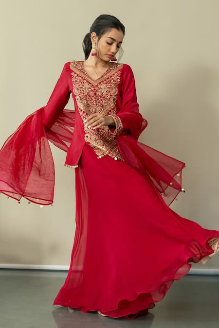 Shop World of Sugandh Pink Silk, Chiffon Embroidery, Sequins Ruby Radiance Fleur Kurti Sharara Set at Aza Fashions Shop_World of Sugandh_Pink Silk, Chiffon Embroidery, Sequins Ruby Radiance Fleur Kurti Sharara Set _at_Aza_Fashions