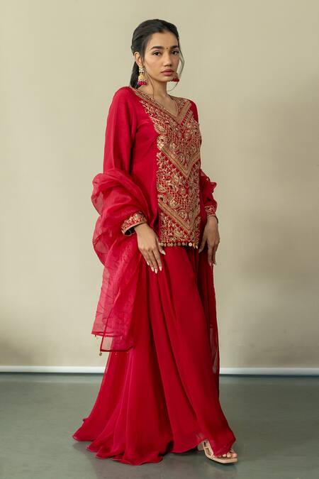 Shop World of Sugandh Pink Silk, Chiffon Embroidery, Sequins Ruby Radiance Fleur Kurti Sharara Set Online at Aza Fashions Shop_World of Sugandh_Pink Silk, Chiffon Embroidery, Sequins Ruby Radiance Fleur Kurti Sharara Set _Online_at_Aza_Fashions