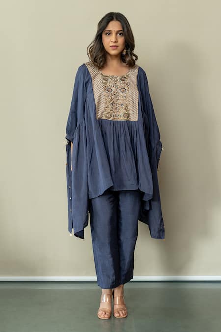 Shop World of Sugandh Blue Silk Embroidery Round Neck Midnight Flora Yoke Kaftan With Pant at Aza Fashions Shop_World of Sugandh_Blue Silk Embroidery Round Neck Midnight Flora Yoke Kaftan With Pant _at_Aza_Fashions