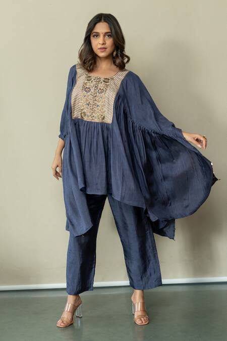 World of Sugandh Blue Silk Embroidery Round Neck Midnight Flora Yoke Kaftan With Pant Online at Aza Fashions World of Sugandh_Blue Silk Embroidery Round Neck Midnight Flora Yoke Kaftan With Pant _Online_at_Aza_Fashions