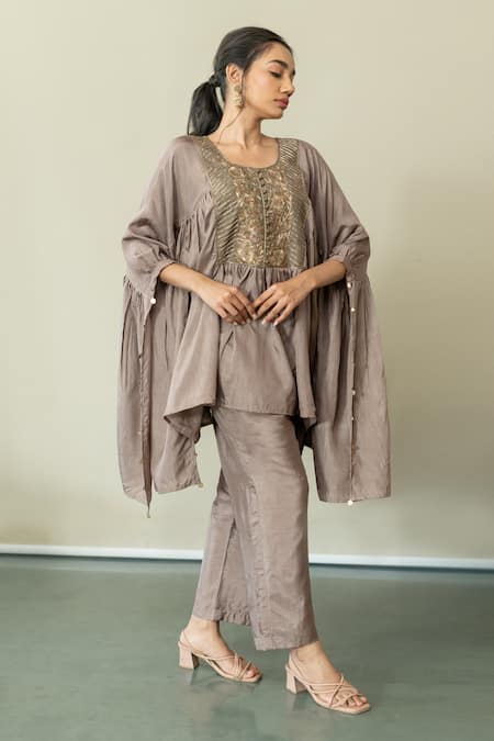 World of Sugandh Brown Silk Embroidery Round Neck Metallic Fleur Yoke Kaftan With Pant 