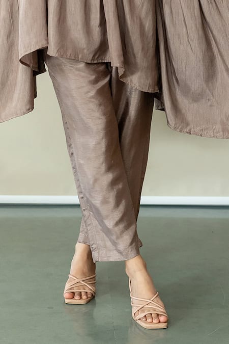 World of Sugandh Brown Silk Embroidery Round Neck Metallic Fleur Yoke Kaftan With Pant Online at Aza Fashions World of Sugandh_Brown Silk Embroidery Round Neck Metallic Fleur Yoke Kaftan With Pant _Online_at_Aza_Fashions