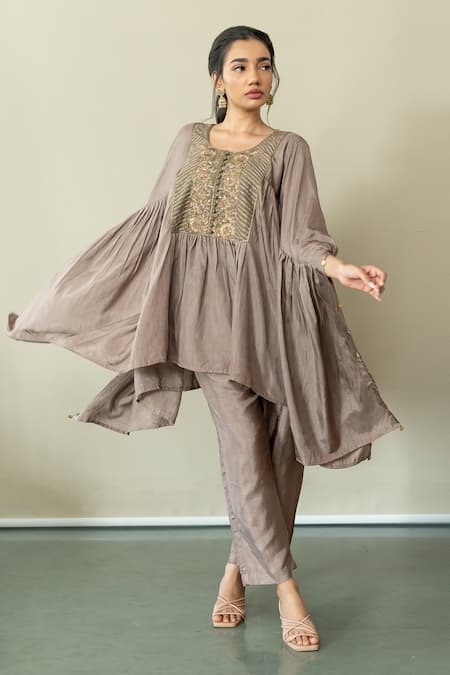 Buy World of Sugandh Brown Silk Embroidery Round Neck Metallic Fleur Yoke Kaftan With Pant Online at Aza Fashions Buy_World of Sugandh_Brown Silk Embroidery Round Neck Metallic Fleur Yoke Kaftan With Pant _Online_at_Aza_Fashions