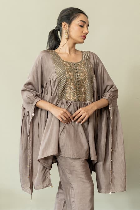 Shop World of Sugandh Brown Silk Embroidery Round Neck Metallic Fleur Yoke Kaftan With Pant Online at Aza Fashions Shop_World of Sugandh_Brown Silk Embroidery Round Neck Metallic Fleur Yoke Kaftan With Pant _Online_at_Aza_Fashions