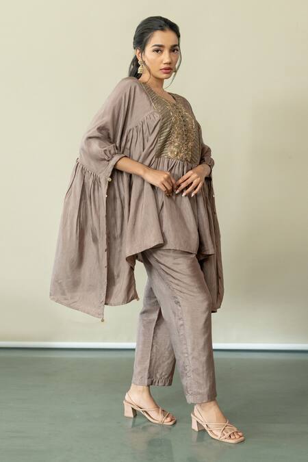 World of Sugandh Brown Silk Embroidery Round Neck Metallic Fleur Yoke Kaftan With Pant at Aza Fashions World of Sugandh_Brown Silk Embroidery Round Neck Metallic Fleur Yoke Kaftan With Pant _at_Aza_Fashions