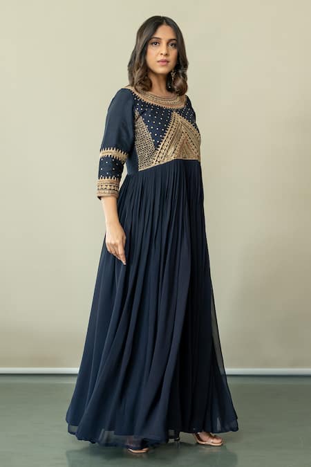 World of Sugandh Blue Silk Embroidery Round Neck Cosmic Bloom Gown Online at Aza Fashions World of Sugandh_Blue Silk Embroidery Round Neck Cosmic Bloom Gown _Online_at_Aza_Fashions