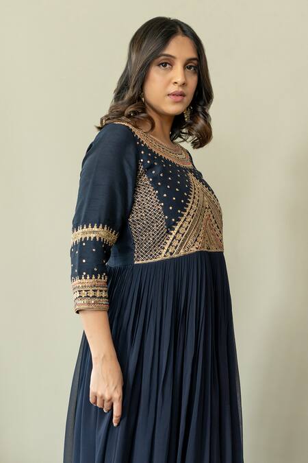Buy World of Sugandh Blue Silk Embroidery Round Neck Cosmic Bloom Gown Online at Aza Fashions Buy_World of Sugandh_Blue Silk Embroidery Round Neck Cosmic Bloom Gown _Online_at_Aza_Fashions