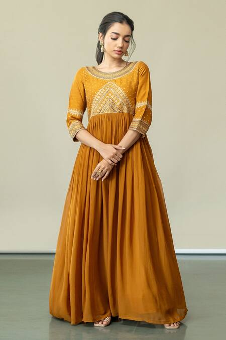 World of Sugandh Yellow Silk Embroidery Round Neck Cosmic Blossom Gown Online at Aza Fashions World of Sugandh_Yellow Silk Embroidery Round Neck Cosmic Blossom Gown _Online_at_Aza_Fashions