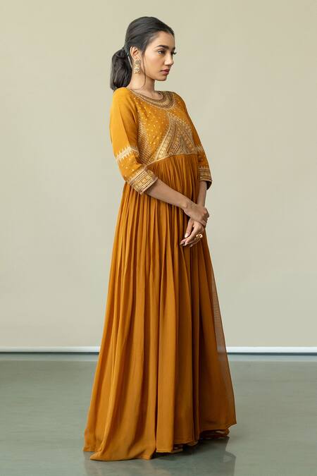 Buy World of Sugandh Yellow Silk Embroidery Round Neck Cosmic Blossom Gown Online at Aza Fashions Buy_World of Sugandh_Yellow Silk Embroidery Round Neck Cosmic Blossom Gown _Online_at_Aza_Fashions