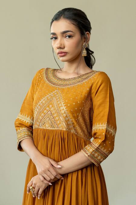 Shop World of Sugandh Yellow Silk Embroidery Round Neck Cosmic Blossom Gown Online at Aza Fashions Shop_World of Sugandh_Yellow Silk Embroidery Round Neck Cosmic Blossom Gown _Online_at_Aza_Fashions