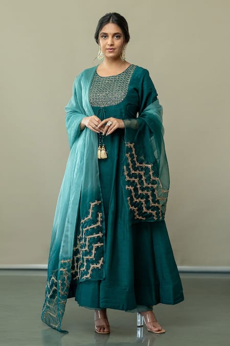 World of Sugandh Blue Silk Sequins, Embroidery Round Neck Bliss Jaal Yoke Anarkali Set 