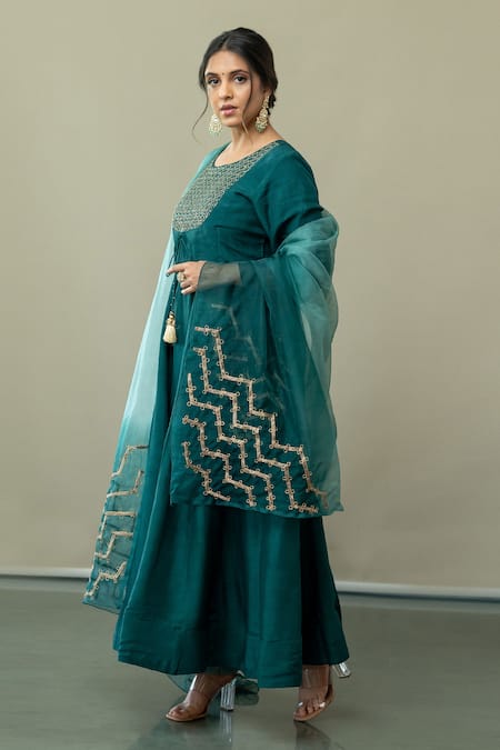 Shop World of Sugandh Blue Silk Sequins, Embroidery Round Neck Bliss Jaal Yoke Anarkali Set at Aza Fashions Shop_World of Sugandh_Blue Silk Sequins, Embroidery Round Neck Bliss Jaal Yoke Anarkali Set _at_Aza_Fashions