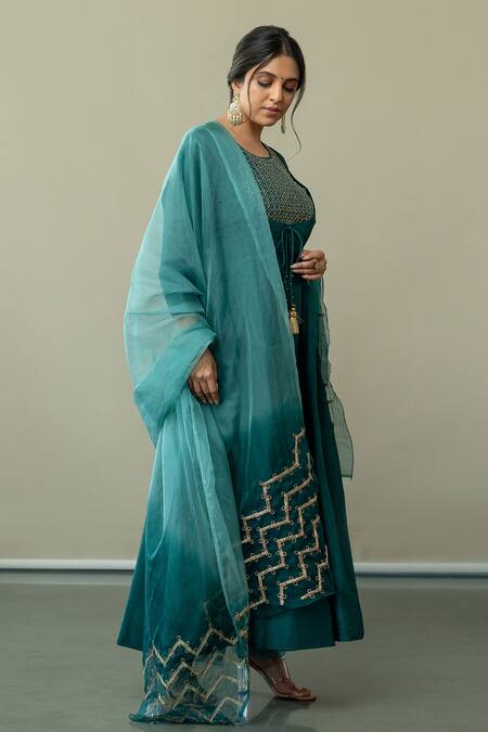 Shop World of Sugandh Blue Silk Sequins, Embroidery Round Neck Bliss Jaal Yoke Anarkali Set Online at Aza Fashions Shop_World of Sugandh_Blue Silk Sequins, Embroidery Round Neck Bliss Jaal Yoke Anarkali Set _Online_at_Aza_Fashions