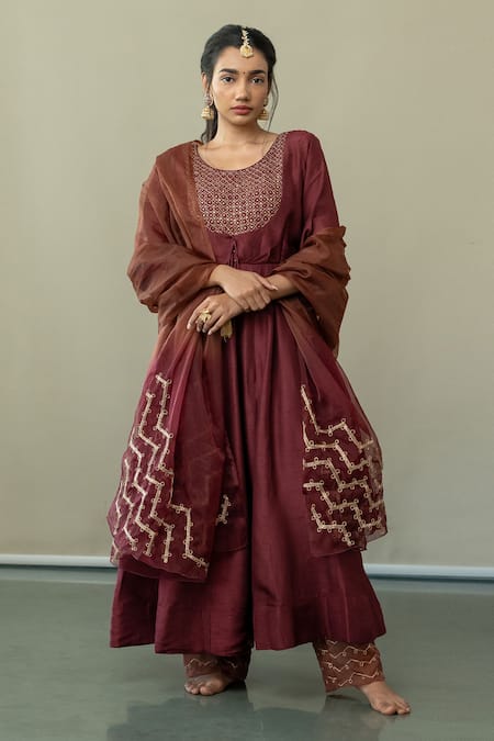Shop World of Sugandh Wine Silk Sequins, Embroidery Round Neck Charm Bloom Jaal Yoke Anarkali Set at Aza Fashions Shop_World of Sugandh_Wine Silk Sequins, Embroidery Round Neck Charm Bloom Jaal Yoke Anarkali Set _at_Aza_Fashions