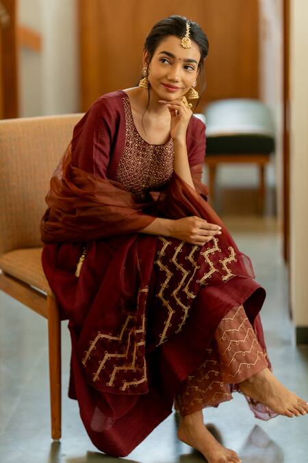 Buy World of Sugandh Wine Silk Sequins, Embroidery Round Neck Charm Bloom Jaal Yoke Anarkali Set Online at Aza Fashions Buy_World of Sugandh_Wine Silk Sequins, Embroidery Round Neck Charm Bloom Jaal Yoke Anarkali Set _Online_at_Aza_Fashions