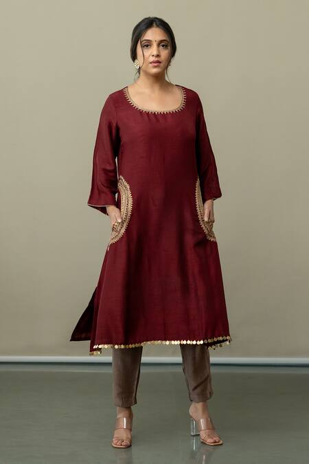 Shop World of Sugandh Wine Silk Embroidery, Sequins Serenity Aari Side Pocket Work Kurta With Pant Online at Aza Fashions Shop_World of Sugandh_Wine Silk Embroidery, Sequins Serenity Aari Side Pocket Work Kurta With Pant _Online_at_Aza_Fashions