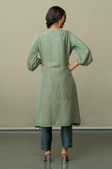 Shop World of Sugandh Green Silk Sequins Scoop Neck Perfection Aari Side Pocket Work Kurta With Pant at Aza Fashions Shop_World of Sugandh_Green Silk Sequins Scoop Neck Perfection Aari Side Pocket Work Kurta With Pant _at_Aza_Fashions