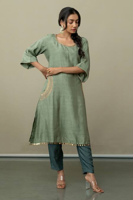 World of Sugandh Green Silk Sequins Scoop Neck Perfection Aari Side Pocket Work Kurta With Pant Online at Aza Fashions World of Sugandh_Green Silk Sequins Scoop Neck Perfection Aari Side Pocket Work Kurta With Pant _Online_at_Aza_Fashions