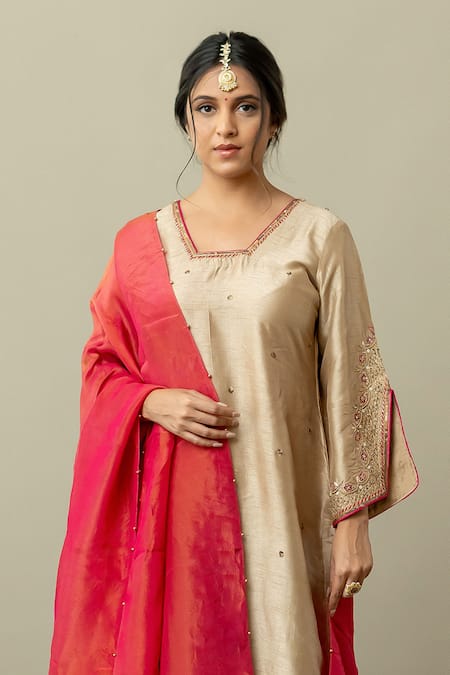 World of Sugandh Beige Silk Sequins Blossom Phool Vine Embroidered Kurta Pant Set Online at Aza Fashions World of Sugandh_Beige Silk Sequins Blossom Phool Vine Embroidered Kurta Pant Set _Online_at_Aza_Fashions