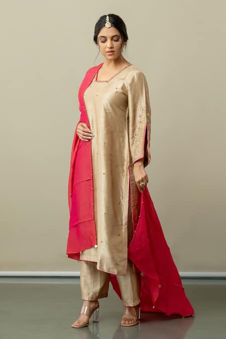 Buy World of Sugandh Beige Silk Sequins Blossom Phool Vine Embroidered Kurta Pant Set Online at Aza Fashions Buy_World of Sugandh_Beige Silk Sequins Blossom Phool Vine Embroidered Kurta Pant Set _Online_at_Aza_Fashions