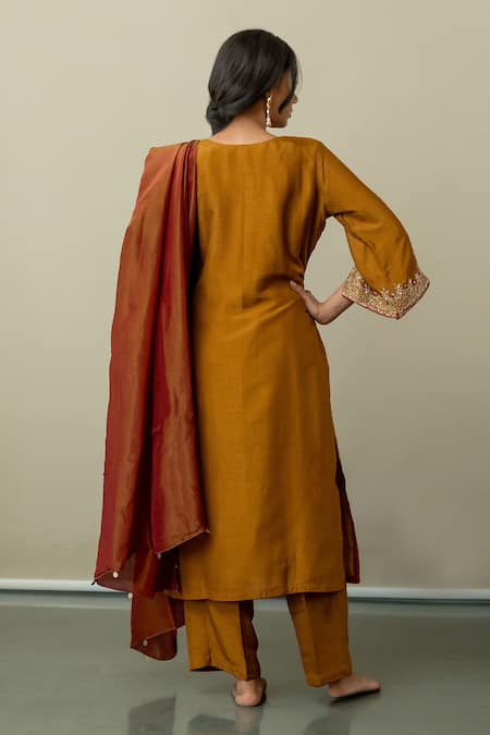 Shop World of Sugandh Yellow Silk Sequins Collared Majestic Phool Vine Embroidered Kurta Pant Set at Aza Fashions Shop_World of Sugandh_Yellow Silk Sequins Collared Majestic Phool Vine Embroidered Kurta Pant Set _at_Aza_Fashions