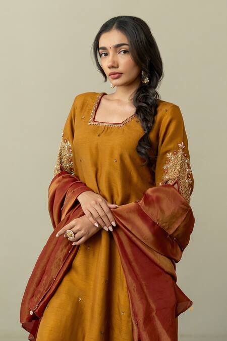 World of Sugandh Yellow Silk Sequins Collared Majestic Phool Vine Embroidered Kurta Pant Set Online at Aza Fashions World of Sugandh_Yellow Silk Sequins Collared Majestic Phool Vine Embroidered Kurta Pant Set _Online_at_Aza_Fashions