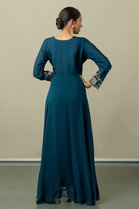 Shop World of Sugandh Blue Silk Tassels V-neck Floral Embroidered Pleated Anarkali at Aza Fashions Shop_World of Sugandh_Blue Silk Tassels V-neck Floral Embroidered Pleated Anarkali _at_Aza_Fashions