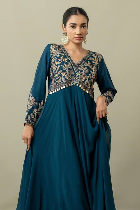 World of Sugandh Blue Silk Tassels V-neck Floral Embroidered Pleated Anarkali Online at Aza Fashions World of Sugandh_Blue Silk Tassels V-neck Floral Embroidered Pleated Anarkali _Online_at_Aza_Fashions