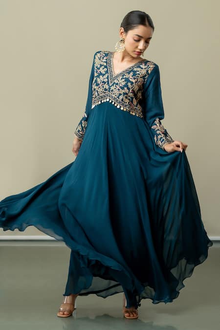 Buy World of Sugandh Blue Silk Tassels V-neck Floral Embroidered Pleated Anarkali Online at Aza Fashions Buy_World of Sugandh_Blue Silk Tassels V-neck Floral Embroidered Pleated Anarkali _Online_at_Aza_Fashions