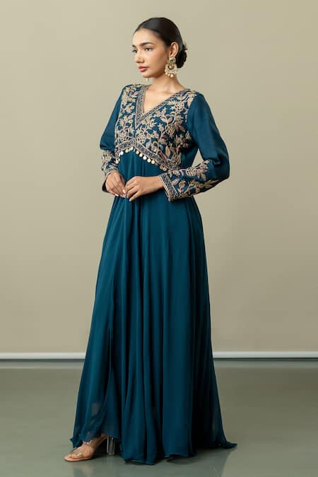 Shop World of Sugandh Blue Silk Tassels V-neck Floral Embroidered Pleated Anarkali Online at Aza Fashions Shop_World of Sugandh_Blue Silk Tassels V-neck Floral Embroidered Pleated Anarkali _Online_at_Aza_Fashions