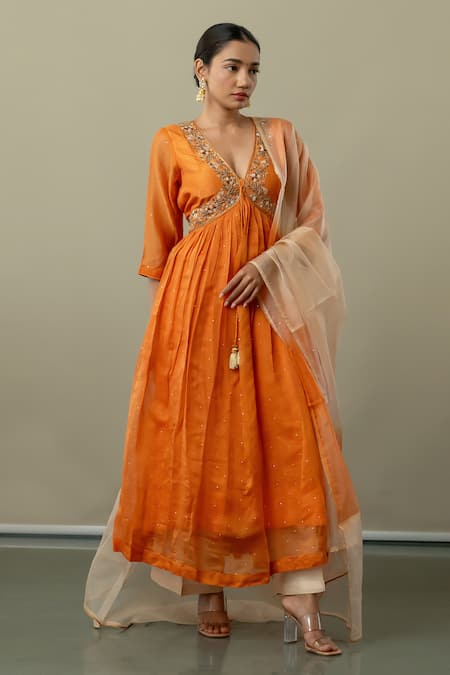 World of Sugandh_Orange Silk, Chiffon Sequins, Embroidery V-neck Citrus Dream Anarkali Pant Set _Online_at_Aza_Fashions