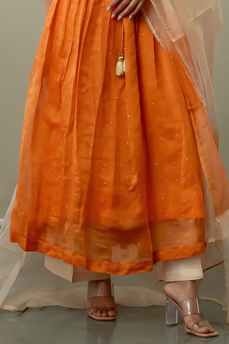 Buy_World of Sugandh_Orange Silk, Chiffon Sequins, Embroidery V-neck Citrus Dream Anarkali Pant Set _Online_at_Aza_Fashions