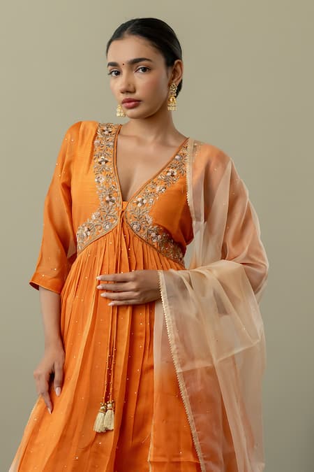 Shop_World of Sugandh_Orange Silk, Chiffon Sequins, Embroidery V-neck Citrus Dream Anarkali Pant Set _Online_at_Aza_Fashions