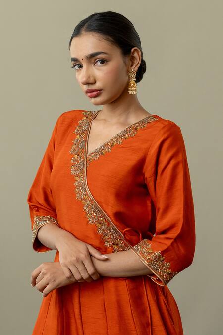 Buy World of Sugandh Orange Silk Embroidery V-neck Floral Yoke Angarkha Anarkali Online at Aza Fashions Buy_World of Sugandh_Orange Silk Embroidery V-neck Floral Yoke Angarkha Anarkali _Online_at_Aza_Fashions