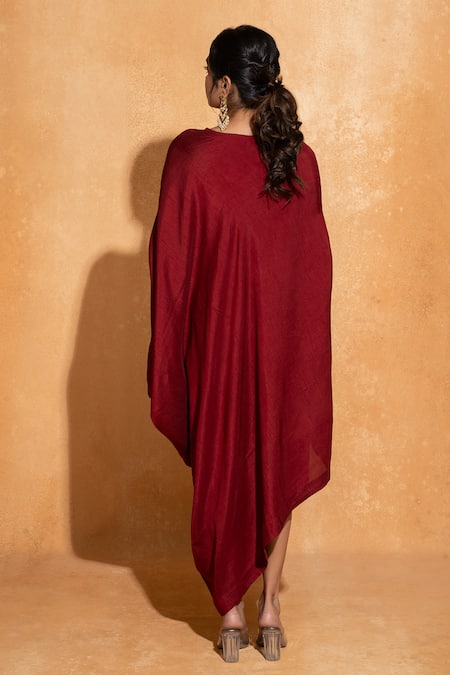 Shop World of Sugandh Maroon Silk Embroidery Round Neck Placement Flower Hand Kaftan at Aza Fashions Shop_World of Sugandh_Maroon Silk Embroidery Round Neck Placement Flower Hand Kaftan _at_Aza_Fashions