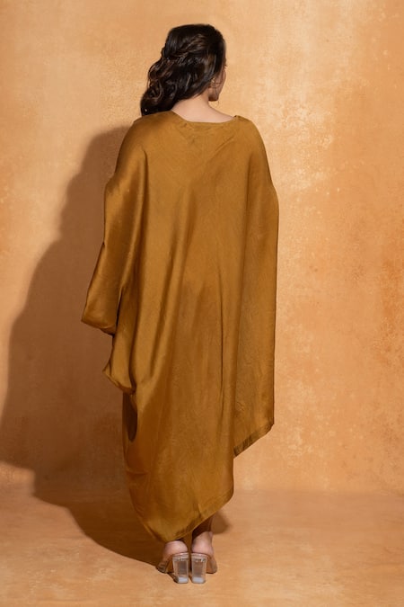 Shop World of Sugandh Yellow Silk Embroidery Round Neck Placement Hand Kaftan at Aza Fashions Shop_World of Sugandh_Yellow Silk Embroidery Round Neck Placement Hand Kaftan _at_Aza_Fashions