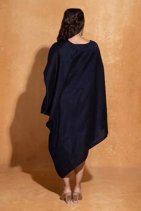 Shop_Sugandh Gupta_Blue Silk Sequins, Beads Round Neck Rosette Embroidered Kaftan _at_Aza_Fashions