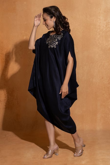 Sugandh Gupta_Blue Silk Sequins, Beads Round Neck Rosette Embroidered Kaftan _Online_at_Aza_Fashions