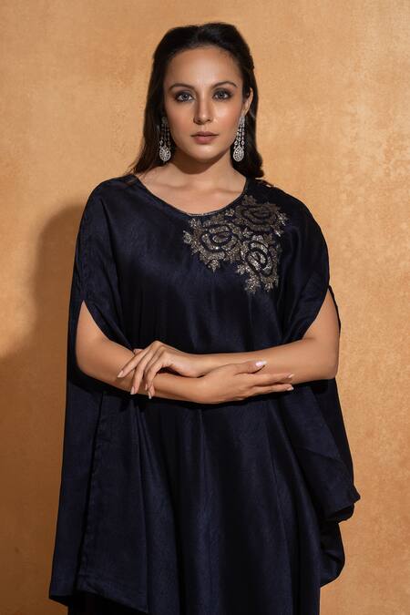 Buy_Sugandh Gupta_Blue Silk Sequins, Beads Round Neck Rosette Embroidered Kaftan _Online_at_Aza_Fashions