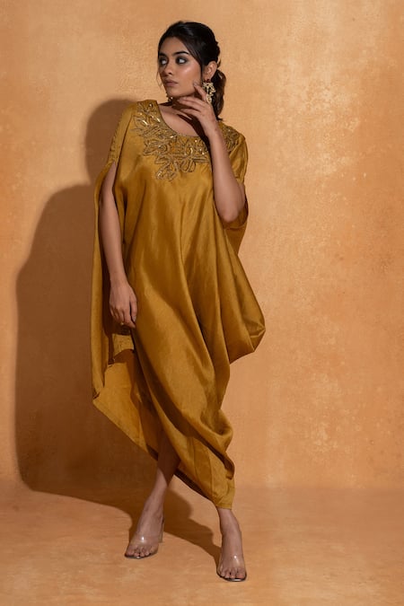 Sugandh Gupta Yellow Dupian Silk Hand Embroidery Floral Round Neck Yoke Kaftan 